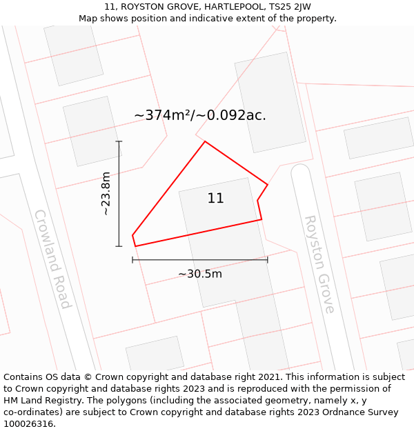 11, ROYSTON GROVE, HARTLEPOOL, TS25 2JW: Plot and title map