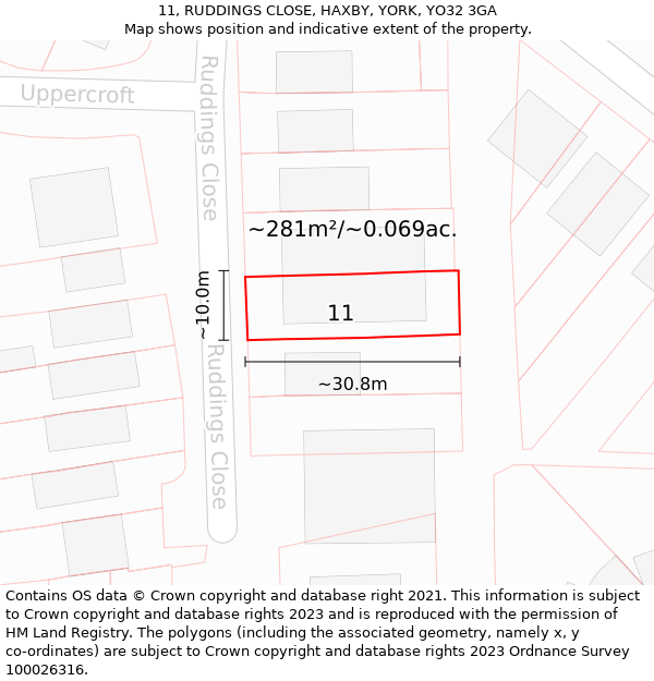 11, RUDDINGS CLOSE, HAXBY, YORK, YO32 3GA: Plot and title map