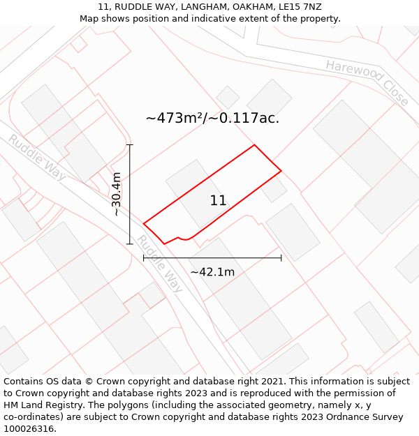 11, RUDDLE WAY, LANGHAM, OAKHAM, LE15 7NZ: Plot and title map