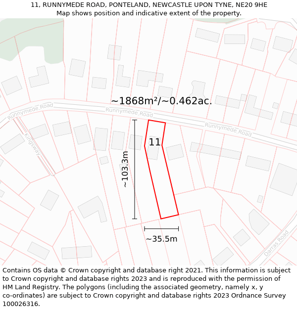 11, RUNNYMEDE ROAD, PONTELAND, NEWCASTLE UPON TYNE, NE20 9HE: Plot and title map