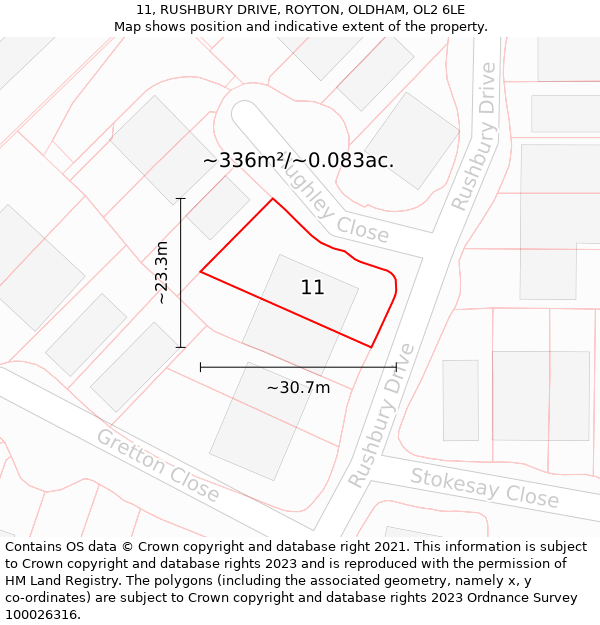 11, RUSHBURY DRIVE, ROYTON, OLDHAM, OL2 6LE: Plot and title map