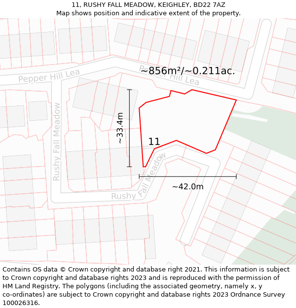 11, RUSHY FALL MEADOW, KEIGHLEY, BD22 7AZ: Plot and title map