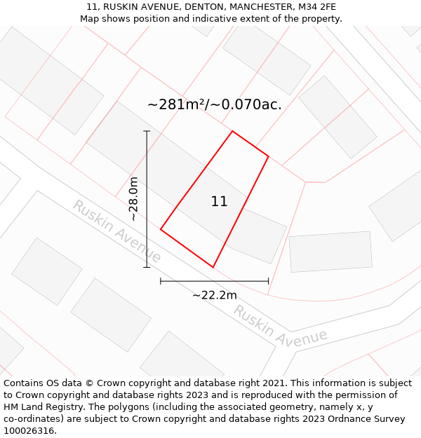 11, RUSKIN AVENUE, DENTON, MANCHESTER, M34 2FE: Plot and title map