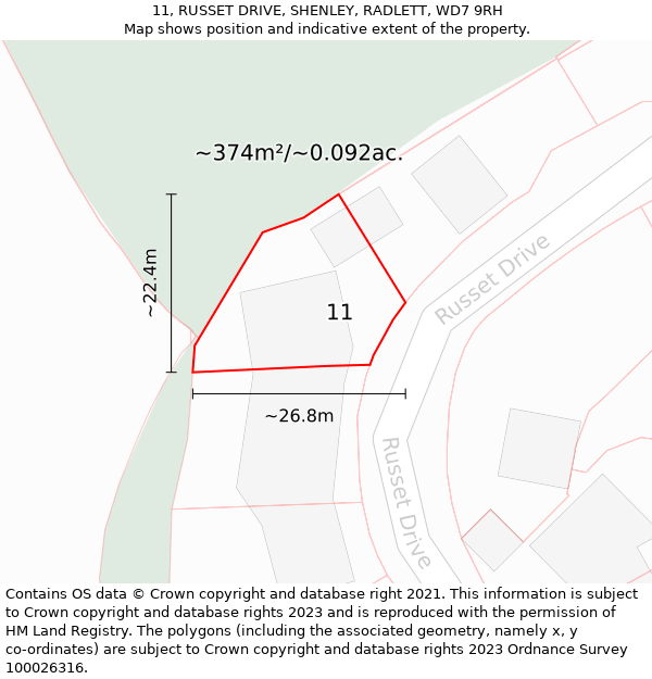 11, RUSSET DRIVE, SHENLEY, RADLETT, WD7 9RH: Plot and title map