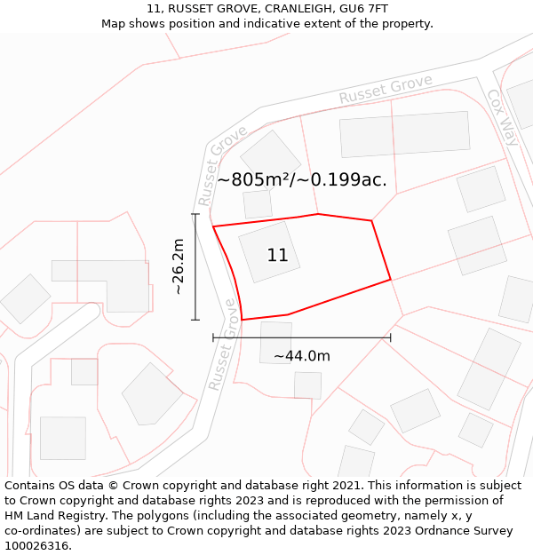 11, RUSSET GROVE, CRANLEIGH, GU6 7FT: Plot and title map