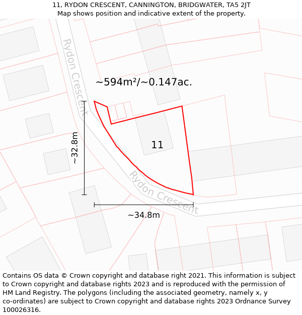 11, RYDON CRESCENT, CANNINGTON, BRIDGWATER, TA5 2JT: Plot and title map