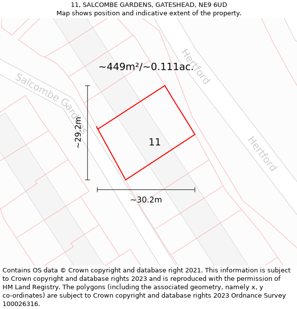 11, SALCOMBE GARDENS, GATESHEAD, NE9 6UD: Plot and title map