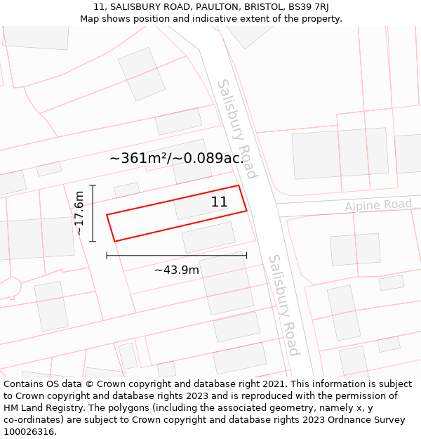 11, SALISBURY ROAD, PAULTON, BRISTOL, BS39 7RJ: Plot and title map