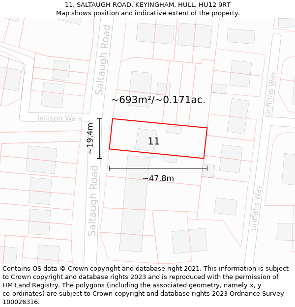 11, SALTAUGH ROAD, KEYINGHAM, HULL, HU12 9RT: Plot and title map