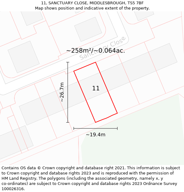 11, SANCTUARY CLOSE, MIDDLESBROUGH, TS5 7BF: Plot and title map