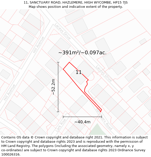 11, SANCTUARY ROAD, HAZLEMERE, HIGH WYCOMBE, HP15 7JS: Plot and title map