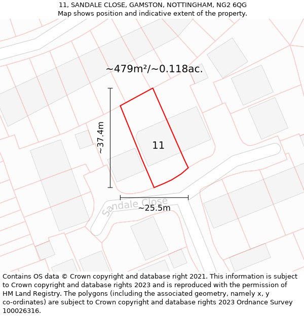 11, SANDALE CLOSE, GAMSTON, NOTTINGHAM, NG2 6QG: Plot and title map
