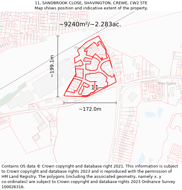 11, SANDBROOK CLOSE, SHAVINGTON, CREWE, CW2 5TE: Plot and title map