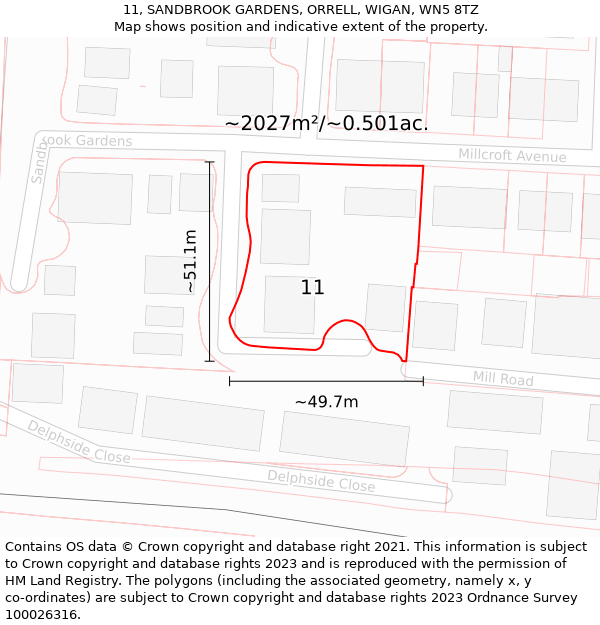 11, SANDBROOK GARDENS, ORRELL, WIGAN, WN5 8TZ: Plot and title map