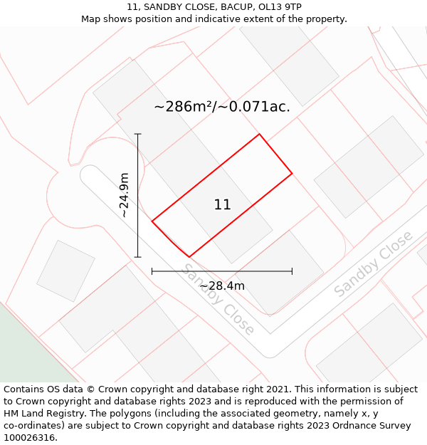 11, SANDBY CLOSE, BACUP, OL13 9TP: Plot and title map