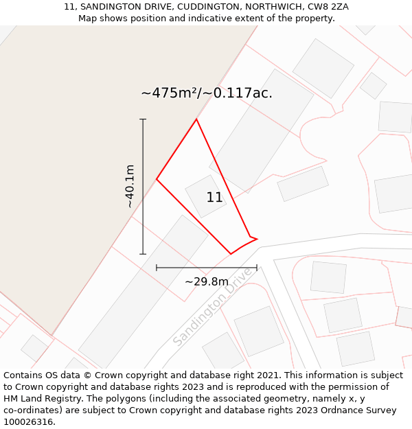 11, SANDINGTON DRIVE, CUDDINGTON, NORTHWICH, CW8 2ZA: Plot and title map