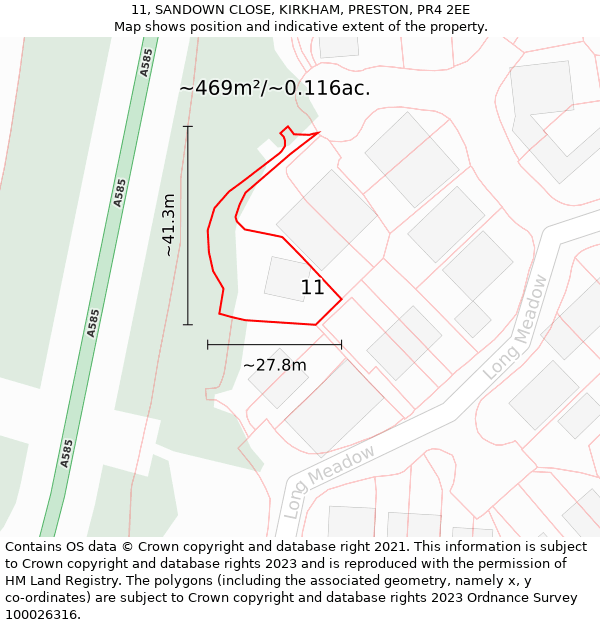 11, SANDOWN CLOSE, KIRKHAM, PRESTON, PR4 2EE: Plot and title map