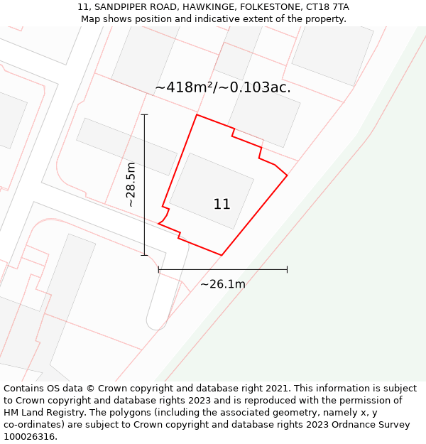 11, SANDPIPER ROAD, HAWKINGE, FOLKESTONE, CT18 7TA: Plot and title map