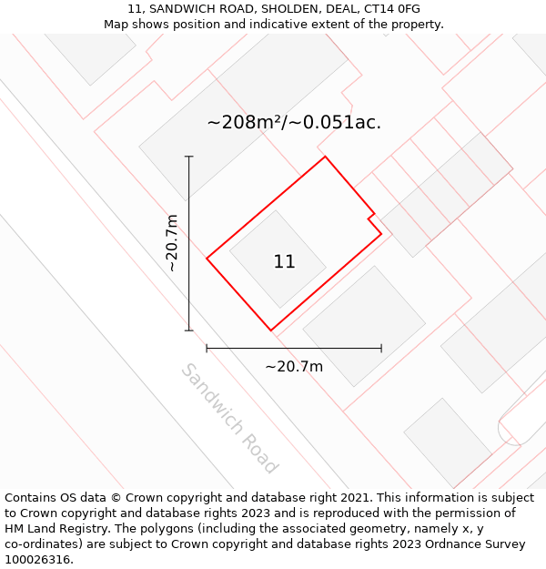 11, SANDWICH ROAD, SHOLDEN, DEAL, CT14 0FG: Plot and title map