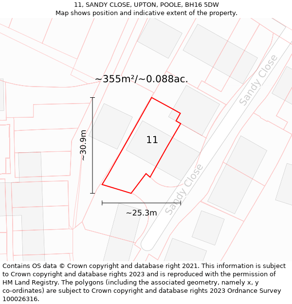 11, SANDY CLOSE, UPTON, POOLE, BH16 5DW: Plot and title map