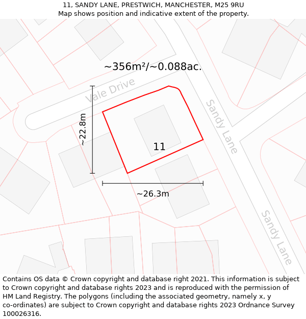 11, SANDY LANE, PRESTWICH, MANCHESTER, M25 9RU: Plot and title map