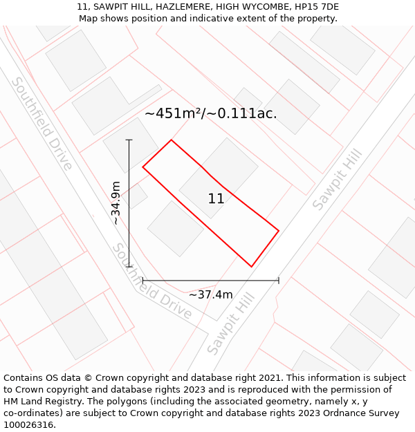 11, SAWPIT HILL, HAZLEMERE, HIGH WYCOMBE, HP15 7DE: Plot and title map