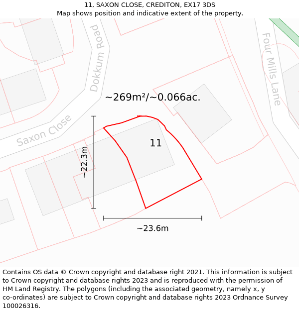 11, SAXON CLOSE, CREDITON, EX17 3DS: Plot and title map