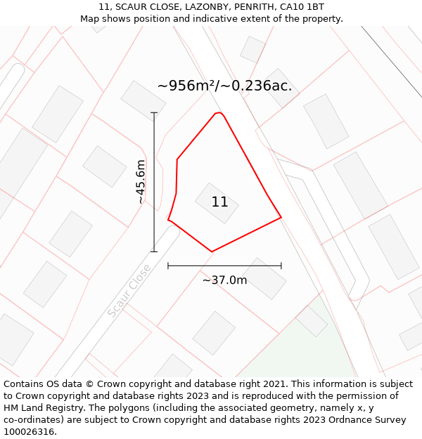 11, SCAUR CLOSE, LAZONBY, PENRITH, CA10 1BT: Plot and title map