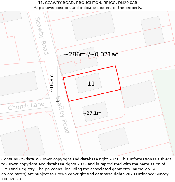 11, SCAWBY ROAD, BROUGHTON, BRIGG, DN20 0AB: Plot and title map