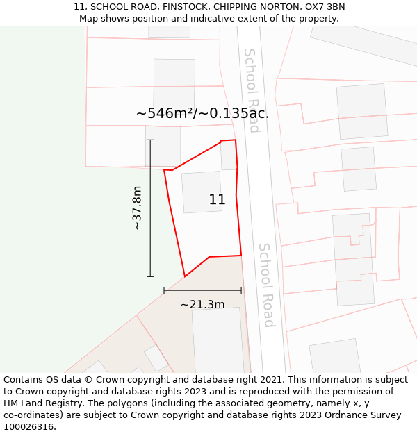 11, SCHOOL ROAD, FINSTOCK, CHIPPING NORTON, OX7 3BN: Plot and title map