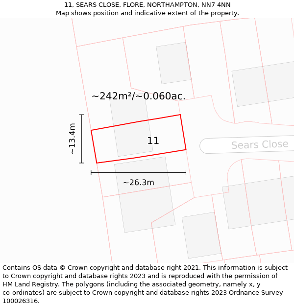 11, SEARS CLOSE, FLORE, NORTHAMPTON, NN7 4NN: Plot and title map