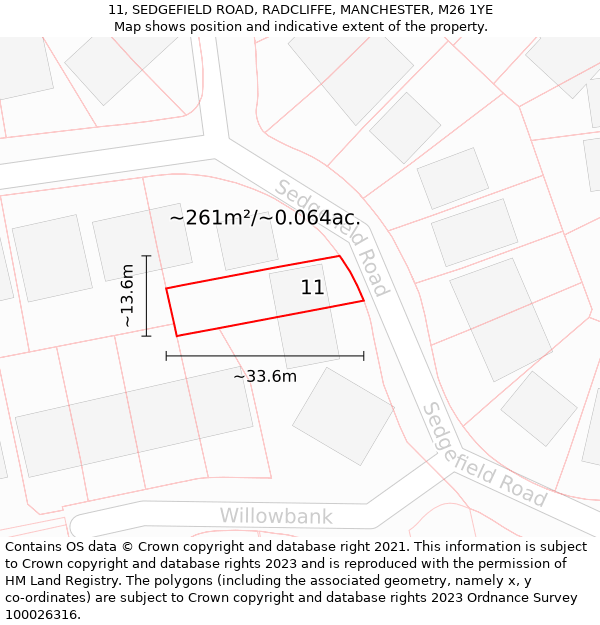 11, SEDGEFIELD ROAD, RADCLIFFE, MANCHESTER, M26 1YE: Plot and title map