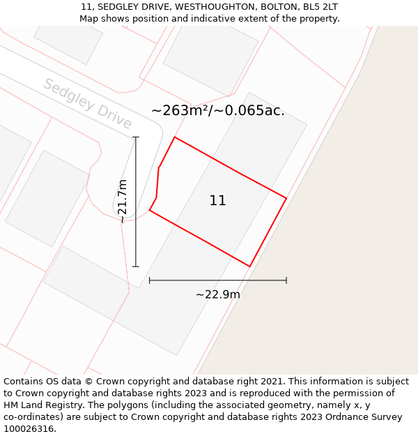 11, SEDGLEY DRIVE, WESTHOUGHTON, BOLTON, BL5 2LT: Plot and title map