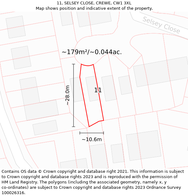 11, SELSEY CLOSE, CREWE, CW1 3XL: Plot and title map