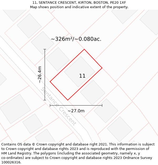 11, SENTANCE CRESCENT, KIRTON, BOSTON, PE20 1XF: Plot and title map