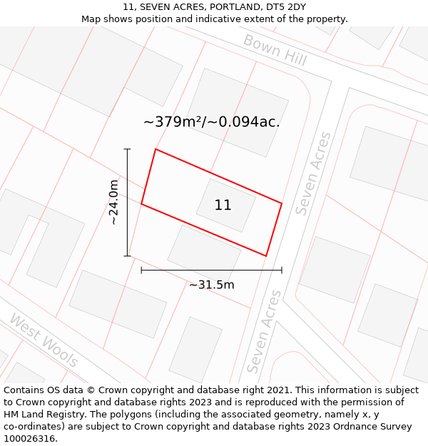 11, SEVEN ACRES, PORTLAND, DT5 2DY: Plot and title map