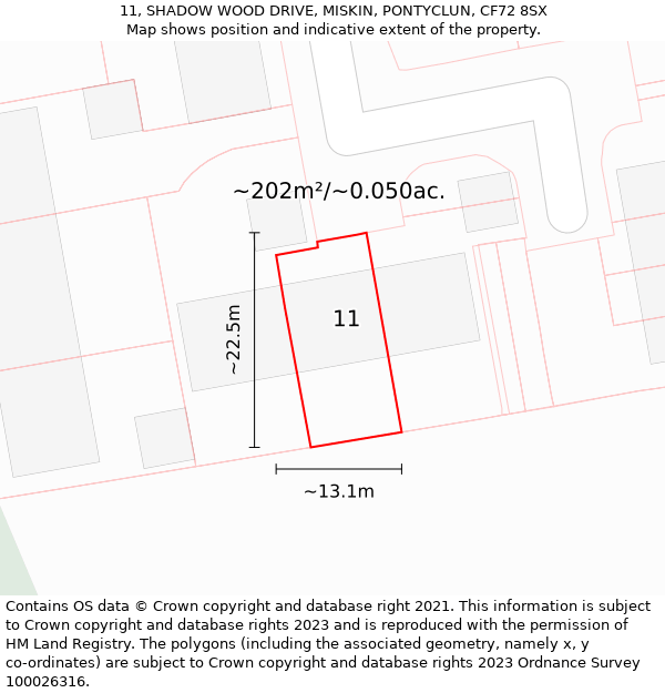 11, SHADOW WOOD DRIVE, MISKIN, PONTYCLUN, CF72 8SX: Plot and title map