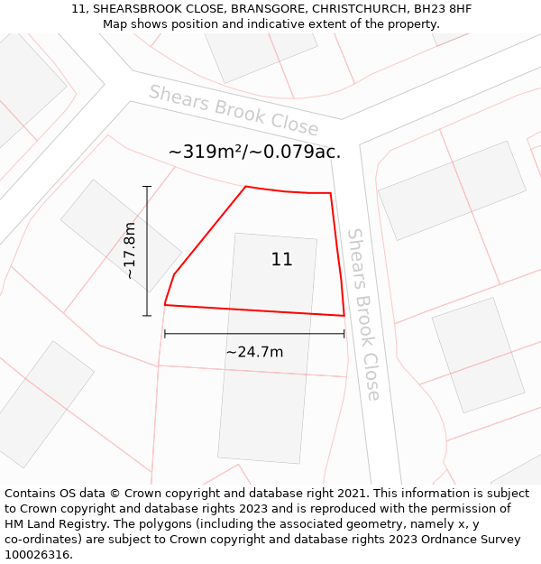 11, SHEARSBROOK CLOSE, BRANSGORE, CHRISTCHURCH, BH23 8HF: Plot and title map