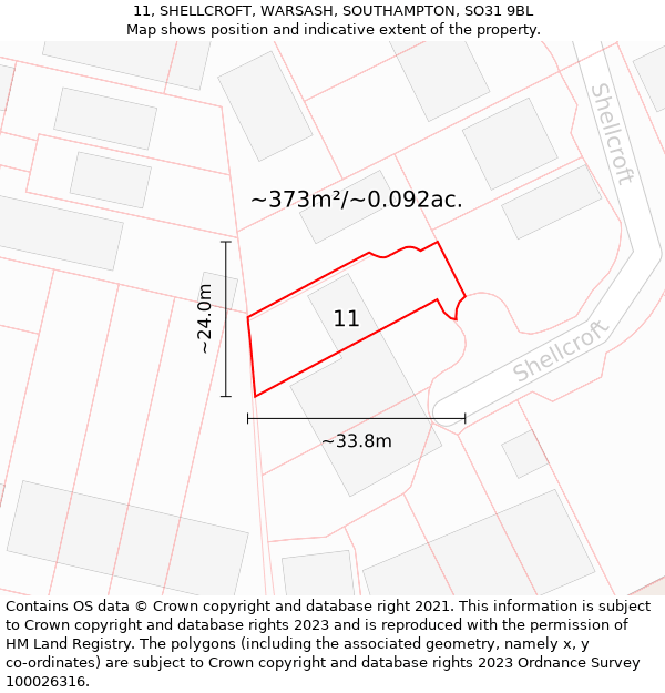 11, SHELLCROFT, WARSASH, SOUTHAMPTON, SO31 9BL: Plot and title map