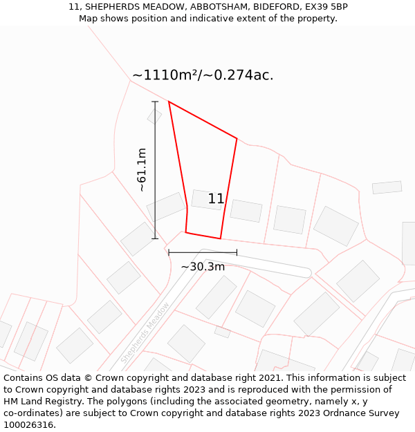 11, SHEPHERDS MEADOW, ABBOTSHAM, BIDEFORD, EX39 5BP: Plot and title map