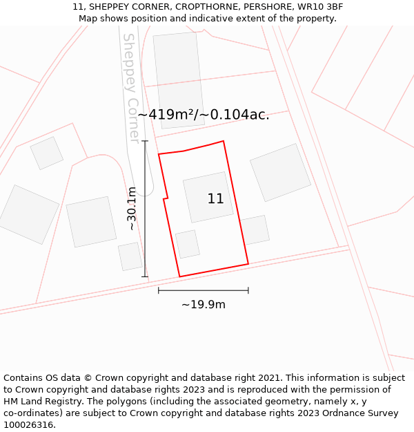11, SHEPPEY CORNER, CROPTHORNE, PERSHORE, WR10 3BF: Plot and title map