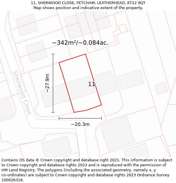 11, SHERWOOD CLOSE, FETCHAM, LEATHERHEAD, KT22 9QT: Plot and title map