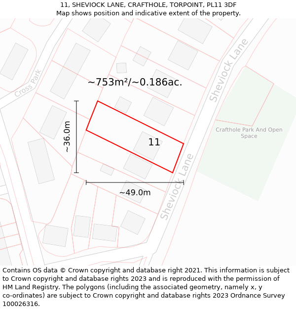 11, SHEVIOCK LANE, CRAFTHOLE, TORPOINT, PL11 3DF: Plot and title map