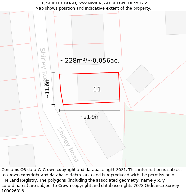 11, SHIRLEY ROAD, SWANWICK, ALFRETON, DE55 1AZ: Plot and title map