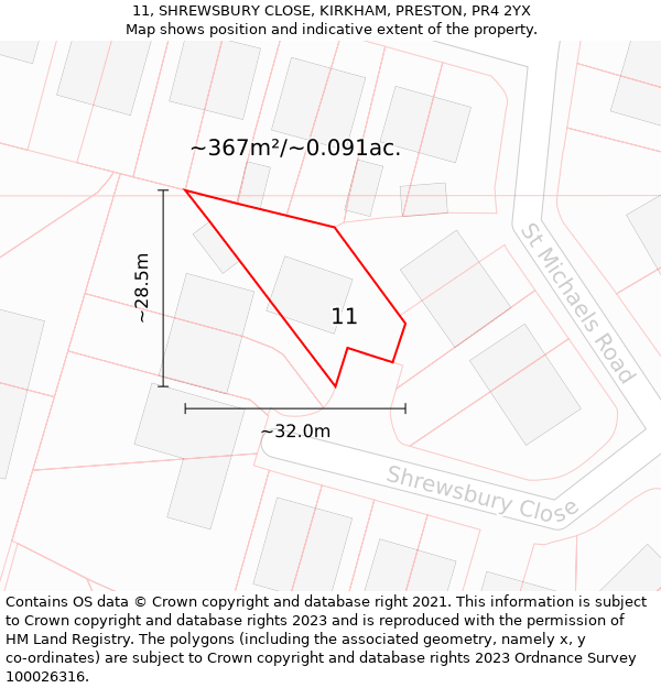 11, SHREWSBURY CLOSE, KIRKHAM, PRESTON, PR4 2YX: Plot and title map