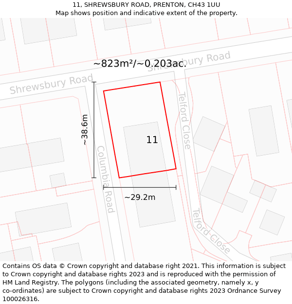 11, SHREWSBURY ROAD, PRENTON, CH43 1UU: Plot and title map