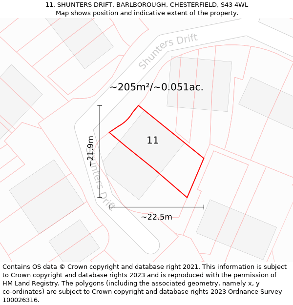 11, SHUNTERS DRIFT, BARLBOROUGH, CHESTERFIELD, S43 4WL: Plot and title map