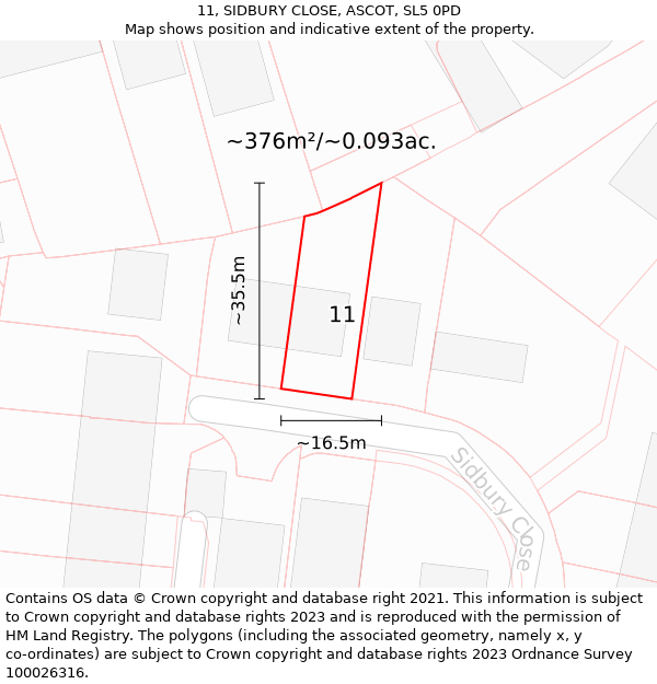 11, SIDBURY CLOSE, ASCOT, SL5 0PD: Plot and title map