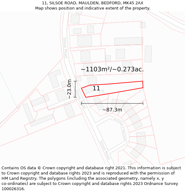 11, SILSOE ROAD, MAULDEN, BEDFORD, MK45 2AX: Plot and title map