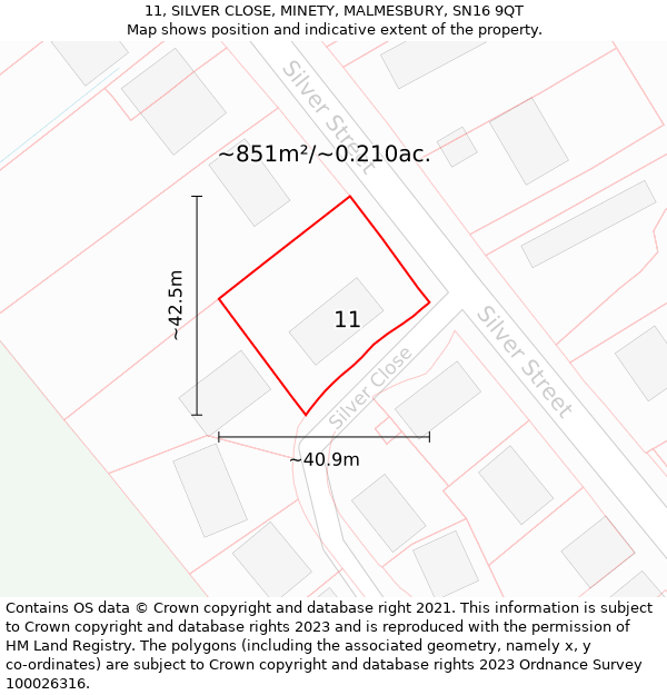 11, SILVER CLOSE, MINETY, MALMESBURY, SN16 9QT: Plot and title map